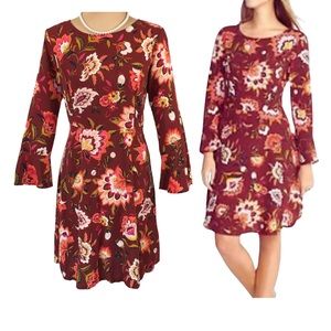 Old Navy Burgundy Floral Long Bell Sleeve Fit & Flare A-line Mini Dress size 4